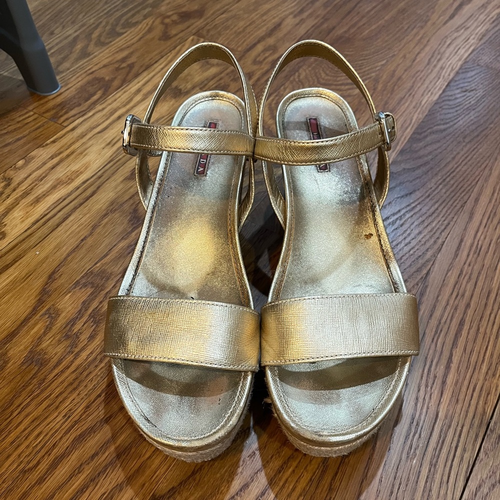 Prada Linea Rosa Gold Metallic Platform Wedges Sa… - image 1